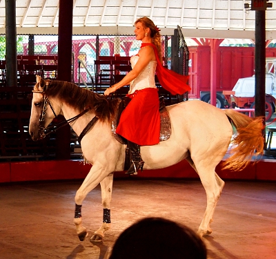 [Woman with white top, red scarf and red riding pants atop a moving white horse.]